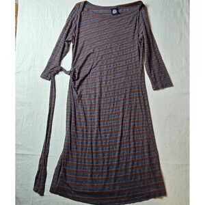 Bobeau Women’s Blue & Brown Sparkly Striped Dress | Size M | Tie Belt Waist